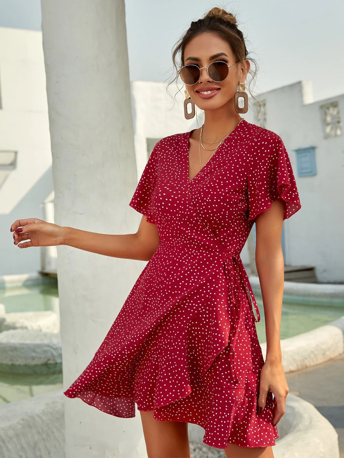 Rotes Wickelkleid mit Punkten Sommer Kurzkleid Damen Volants - Norvielle
