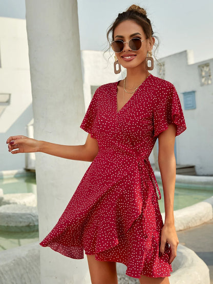 Rotes Wickelkleid mit Punkten Sommer Kurzkleid Damen Volants - Norvielle
