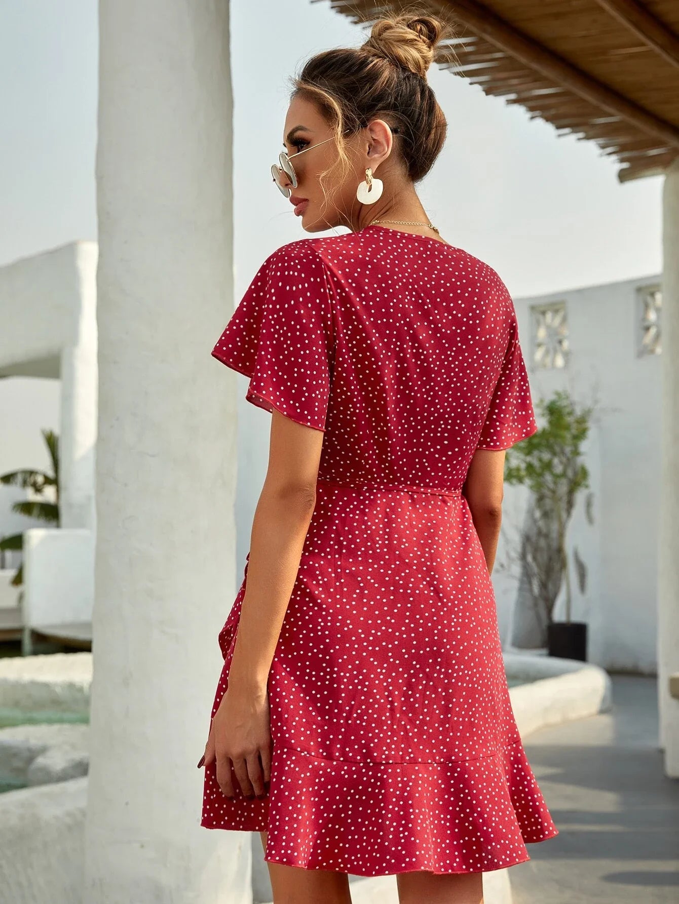Rotes Wickelkleid mit Punkten Sommer Kurzkleid Damen Volants