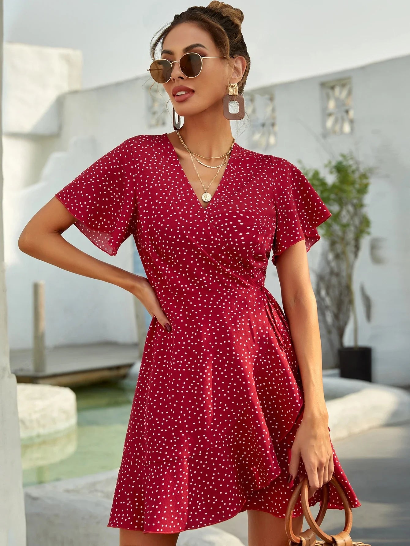 Rotes Wickelkleid mit Punkten Sommer Kurzkleid Damen Volants