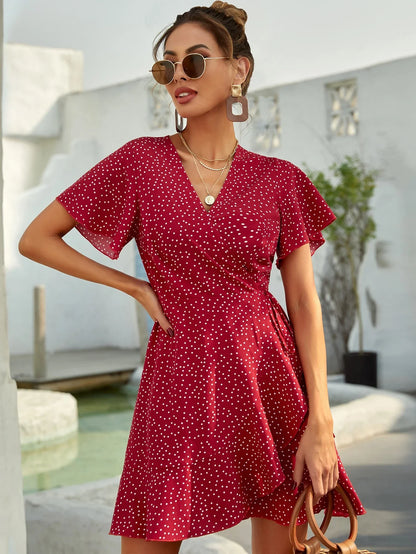 Rotes Wickelkleid mit Punkten Sommer Kurzkleid Damen Volants
