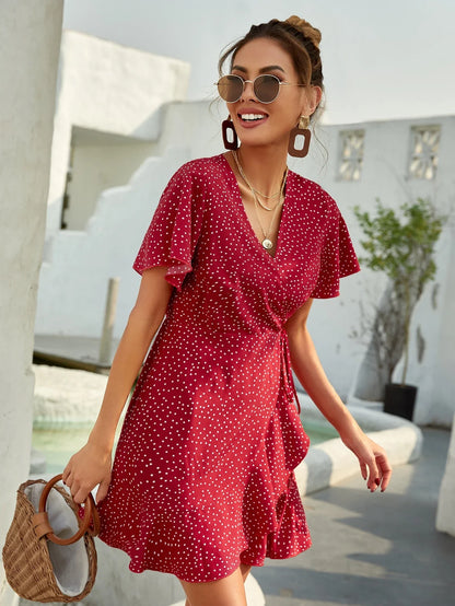 Rotes Wickelkleid mit Punkten Sommer Kurzkleid Damen Volants