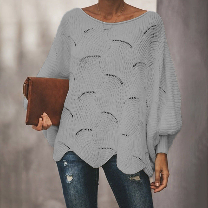 Damen Strickpullover Wellenmuster Weite Ärmel Beige