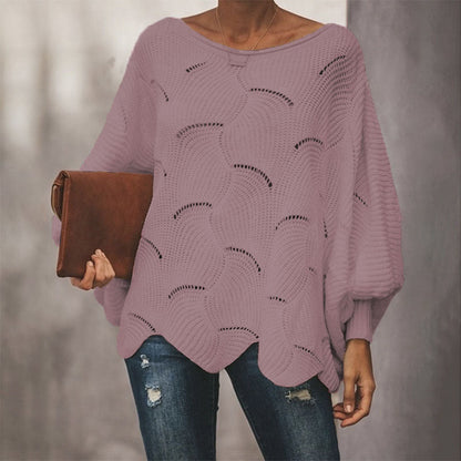 Damen Strickpullover Wellenmuster Weite Ärmel Beige