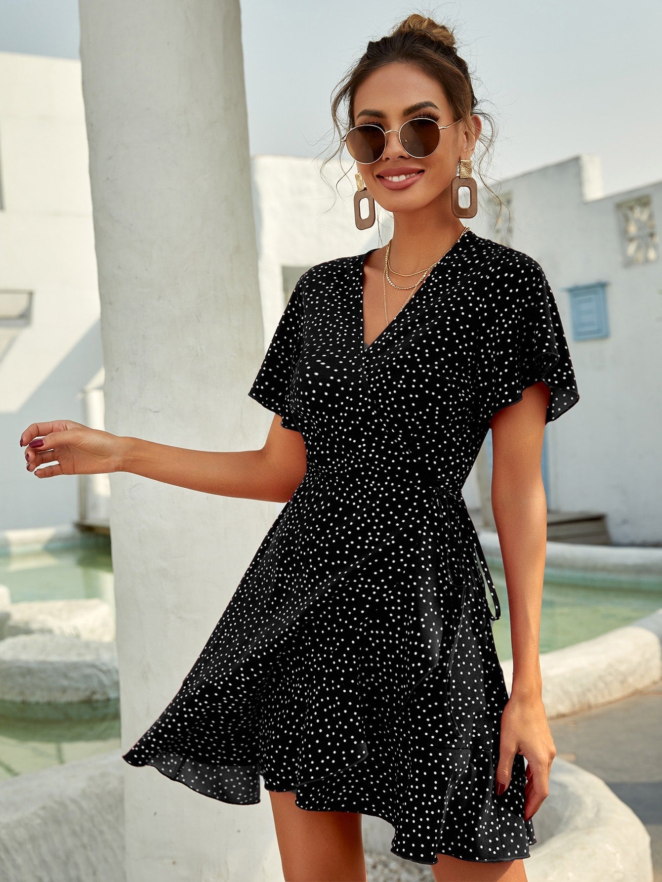 Rotes Wickelkleid mit Punkten Sommer Kurzkleid Damen Volants
