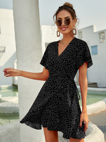 Rotes Wickelkleid mit Punkten Sommer Kurzkleid Damen Volants
