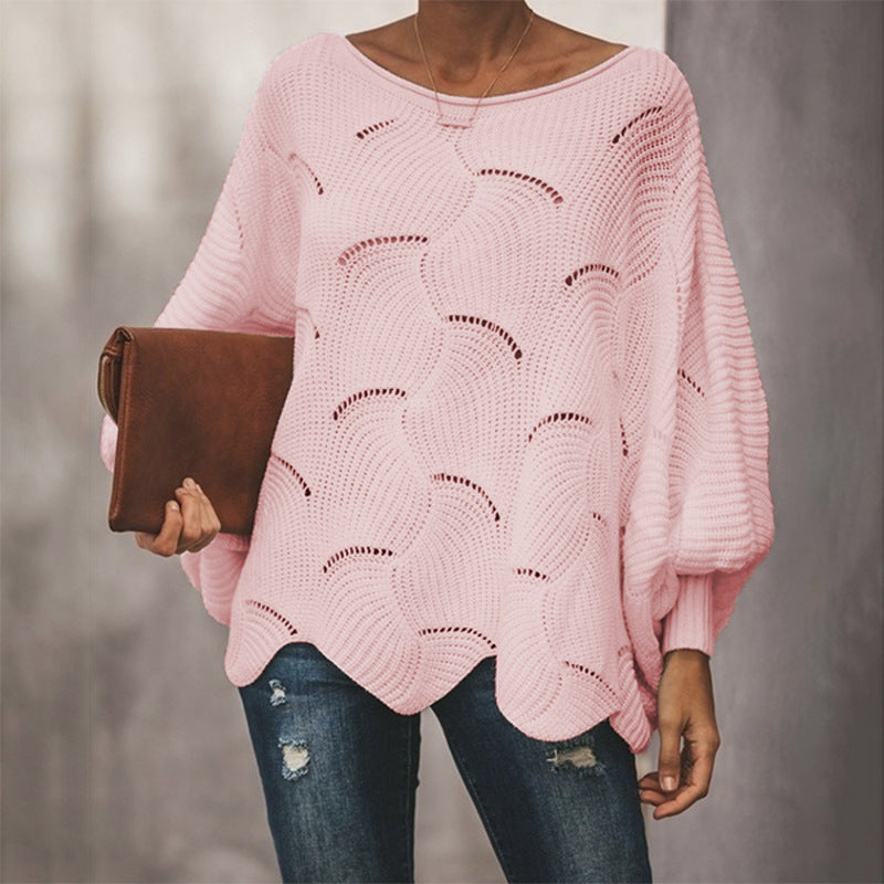 Damen Strickpullover Wellenmuster Weite Ärmel Beige - Norvielle