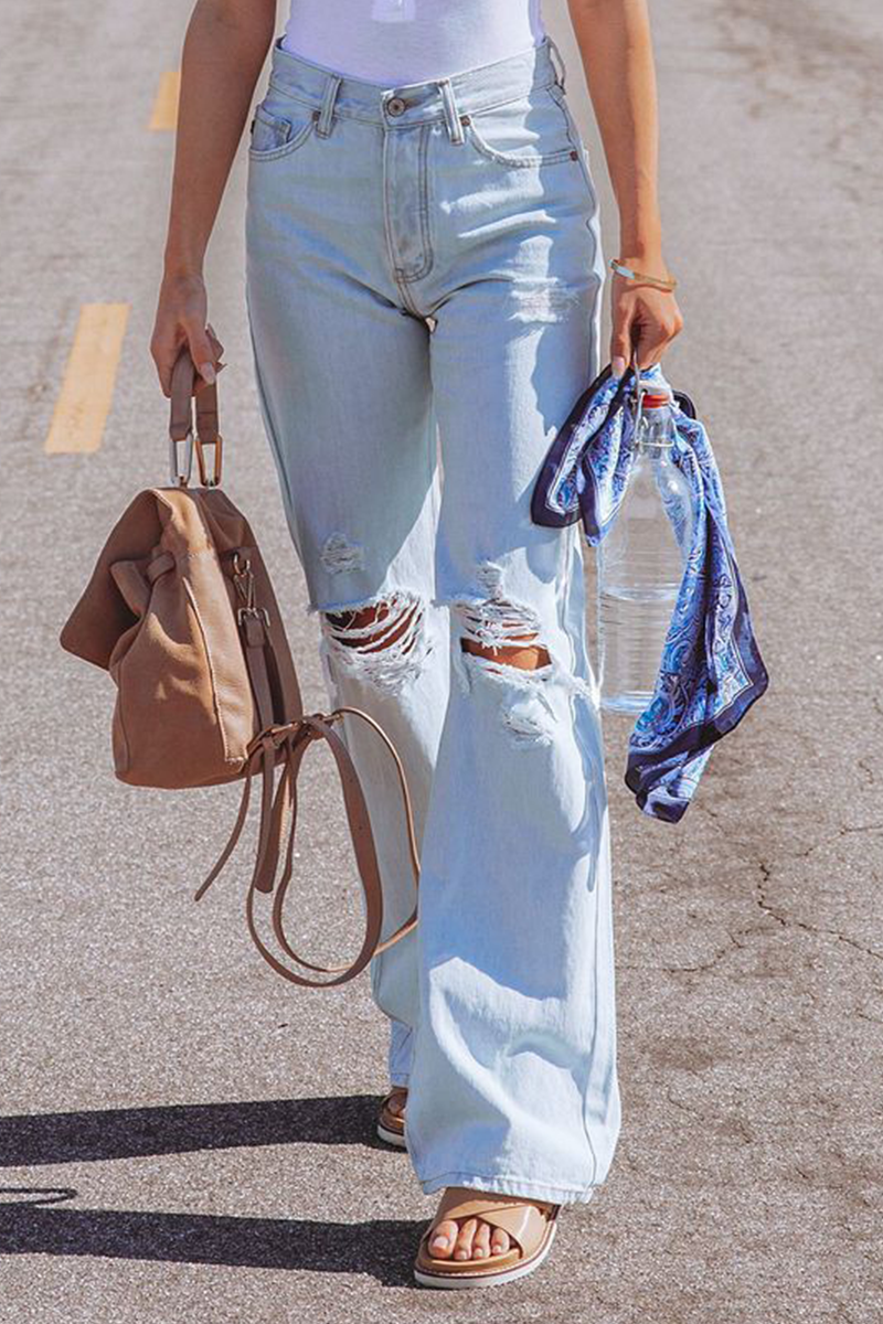 Norvielle Damen Straight Jeans Ripped Einfarbig Weitbein