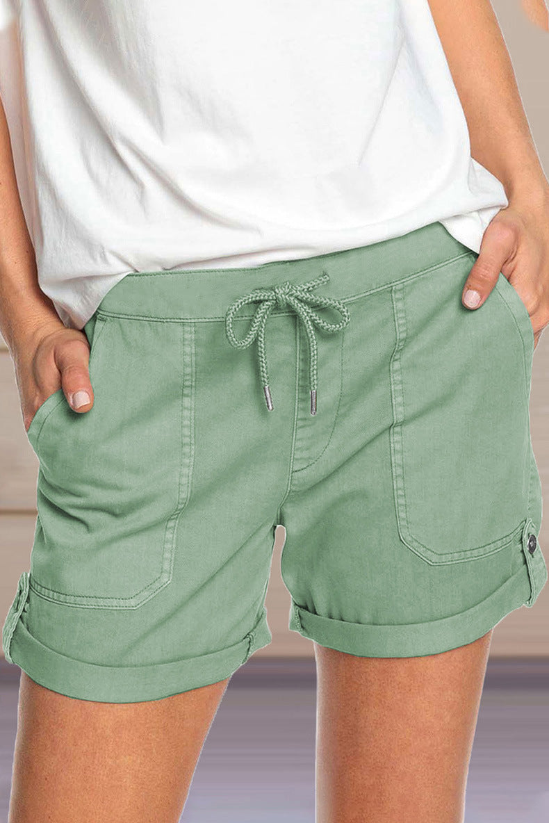 Damen Shorts Verstellbarer Taillenkordelzug Umschlag Saum Beige