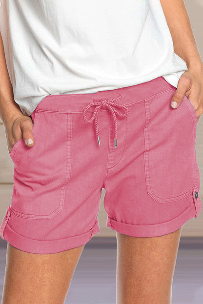 Damen Shorts Verstellbarer Taillenkordelzug Umschlag Saum Beige