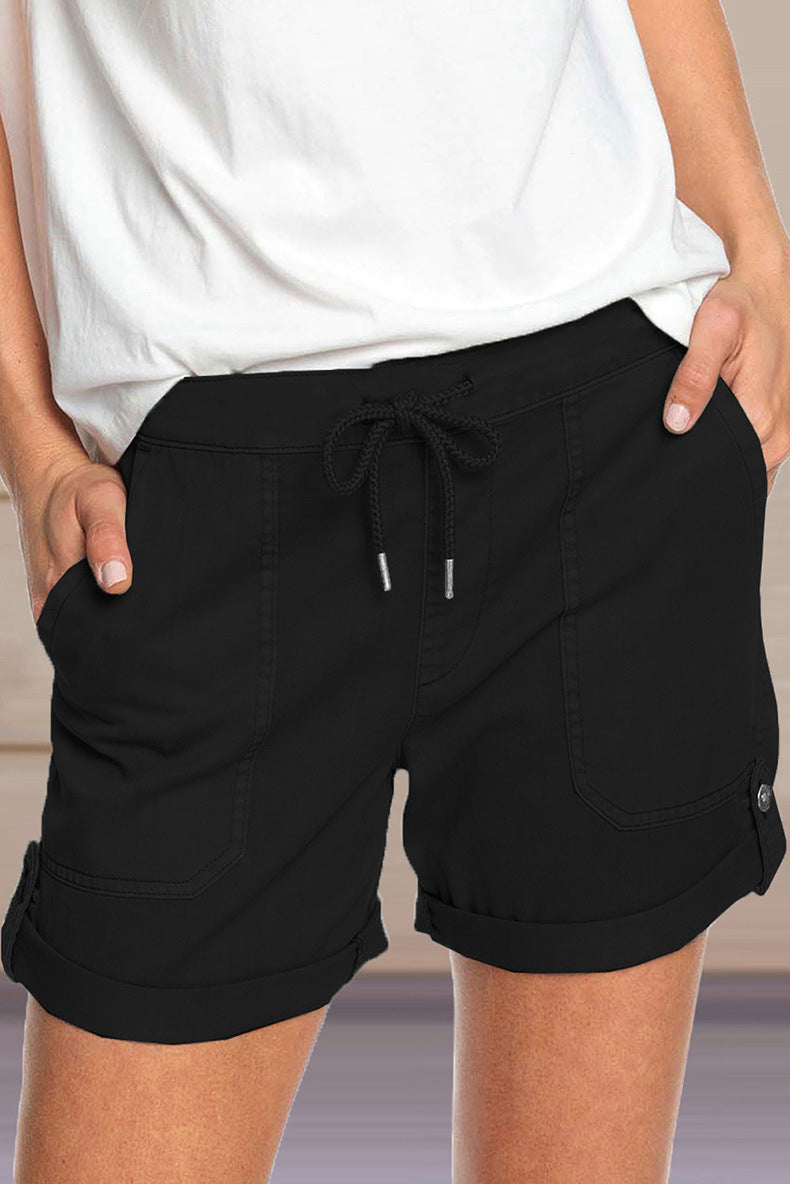 Damen Shorts Verstellbarer Taillenkordelzug Umschlag Saum Beige