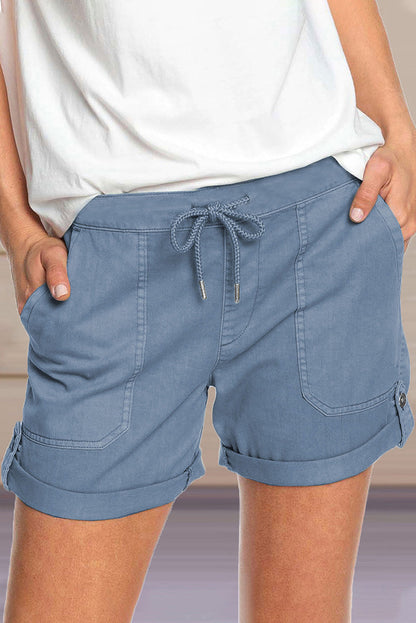 Damen Shorts Verstellbarer Taillenkordelzug Umschlag Saum Beige