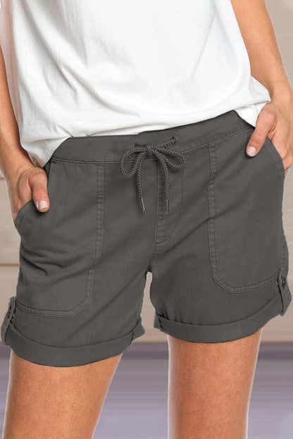 Damen Shorts Verstellbarer Taillenkordelzug Umschlag Saum Beige