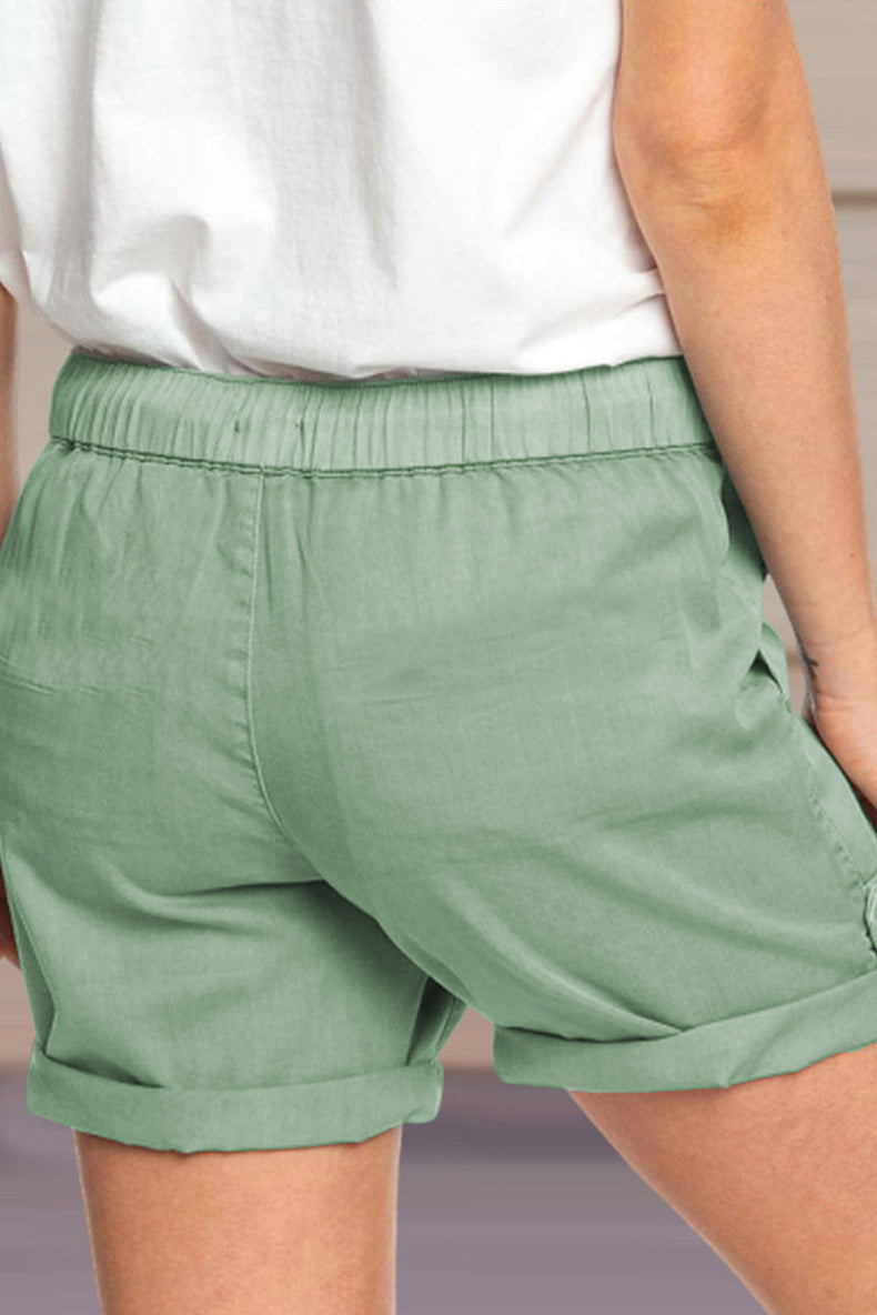 Damen Shorts Verstellbarer Taillenkordelzug Umschlag Saum Beige