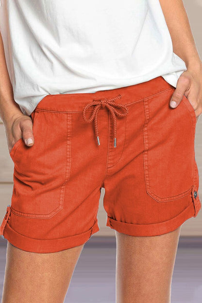 Damen Shorts Verstellbarer Taillenkordelzug Umschlag Saum Beige