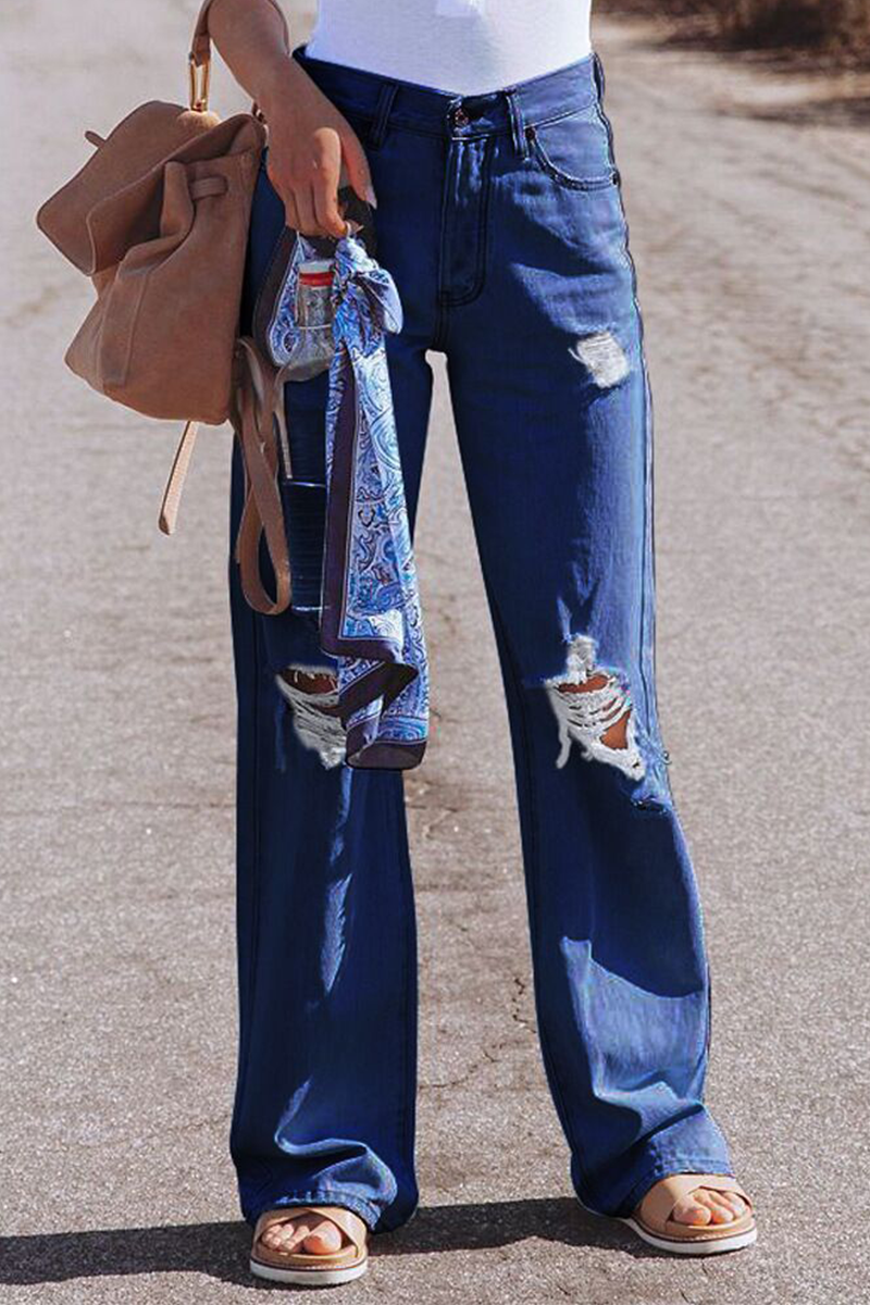 Norvielle Damen Straight Jeans Ripped Einfarbig Weitbein