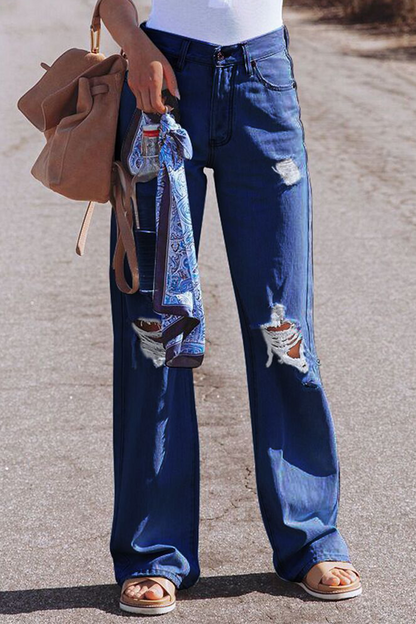 Norvielle Damen Straight Jeans Ripped Einfarbig Weitbein