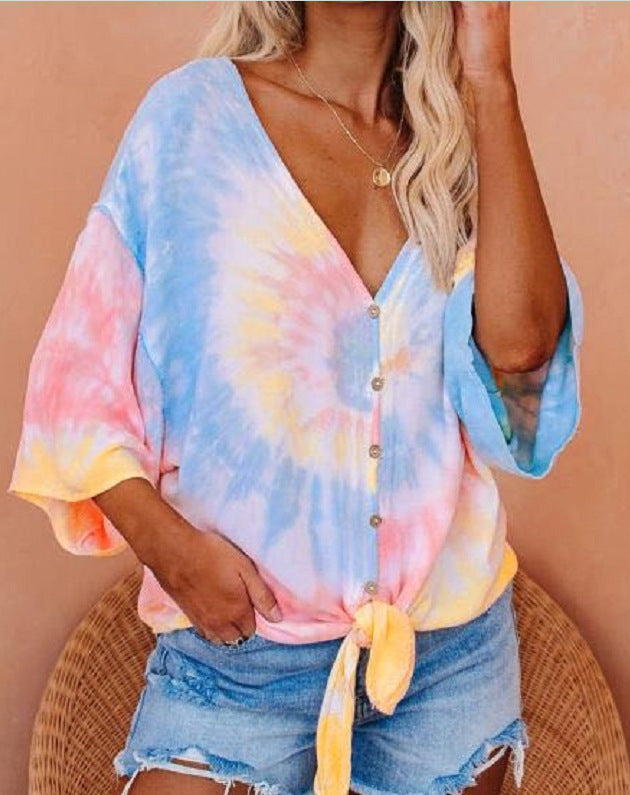 Damen Bluse mit Bindeband und Batikdesign - Norvielle