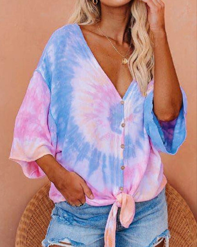 Damen Bluse mit Bindeband und Batikdesign