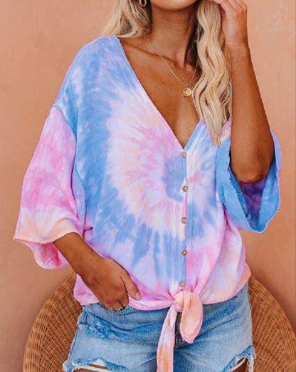Damen Bluse mit Bindeband und Batikdesign