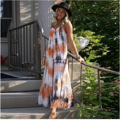 Damen Maxikleid Batikdesign V-Ausschnitt Norvielle