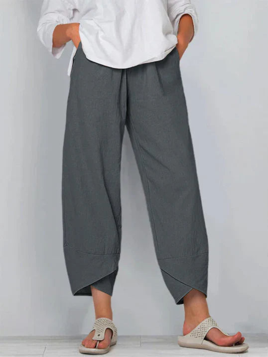 Damen Stoffhose Locker Geschnitten Elastischer Bund Leicht Beige