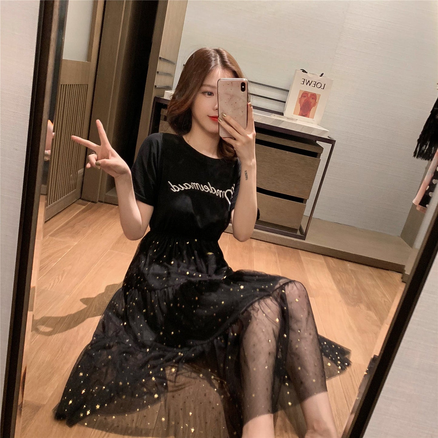 Damen Kleid Lang Tüll Gummizug