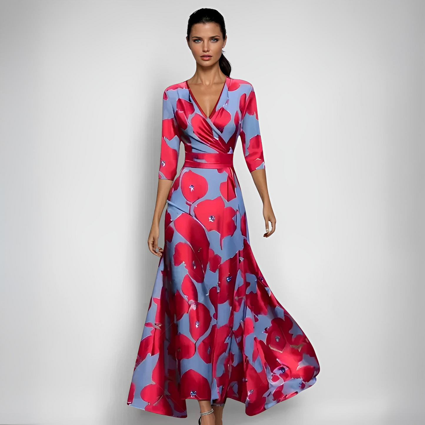 Damen Maxikleid Blumenmuster Langes Ärmel Kleid