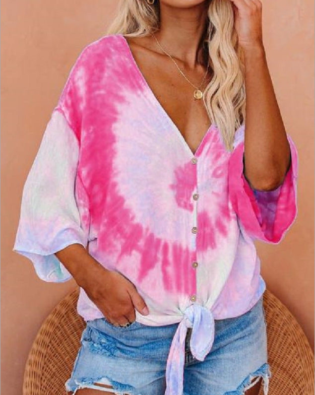 Damen Bluse mit Bindeband und Batikdesign