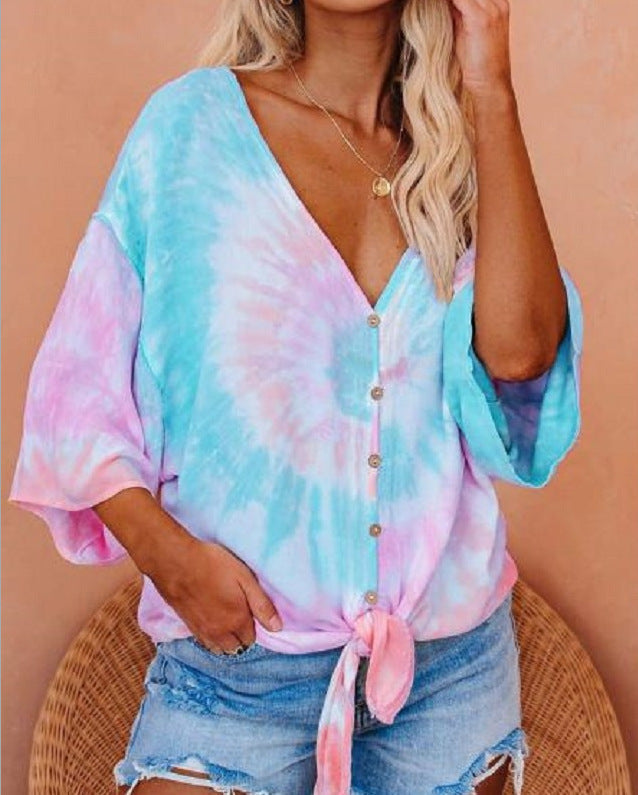 Damen Bluse mit Bindeband und Batikdesign