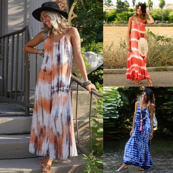 Damen Maxikleid Batikdesign V-Ausschnitt Norvielle