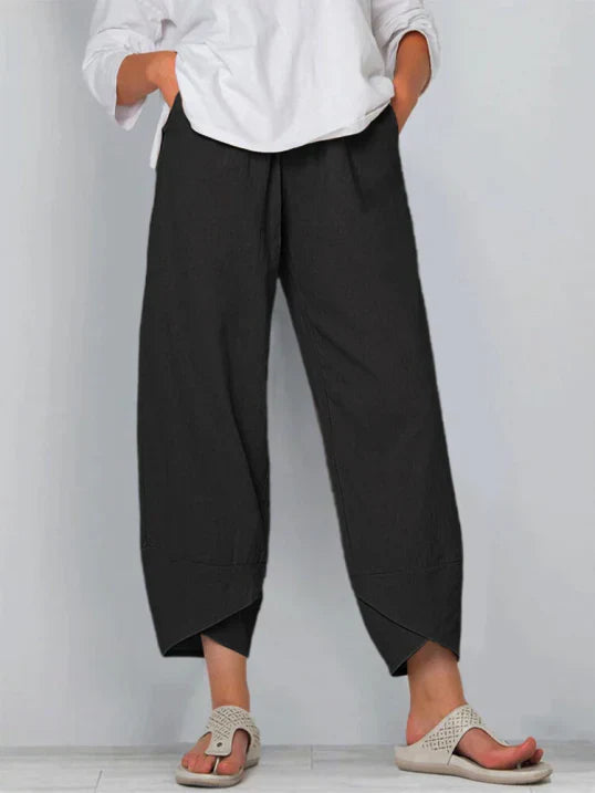 Damen Stoffhose Locker Geschnitten Elastischer Bund Leicht Beige - Norvielle