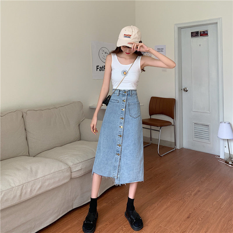 Damen Denimrock Lang Knopfleiste Fransen