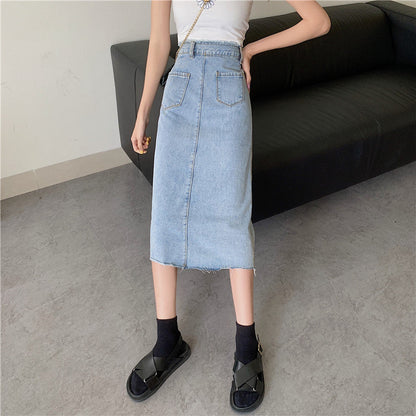Damen Denimrock Lang Knopfleiste Fransen