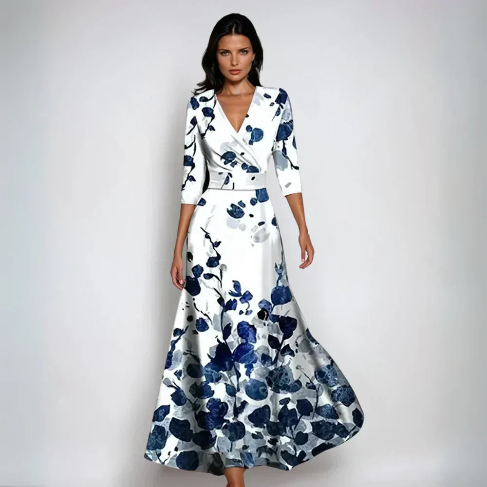 Damen Wickelmaxikleid Blumenmuster V-Ausschnitt