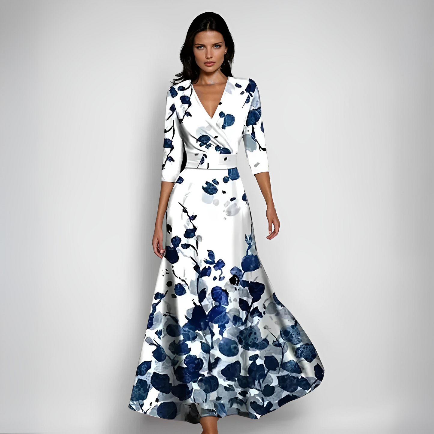 Damen Maxikleid Blumenmuster Langes Ärmel Kleid Schwarz - Norvielle