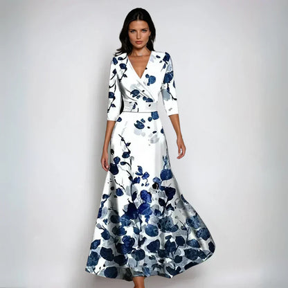 Damen Blumenmuster Maxikleid V-Ausschnitt