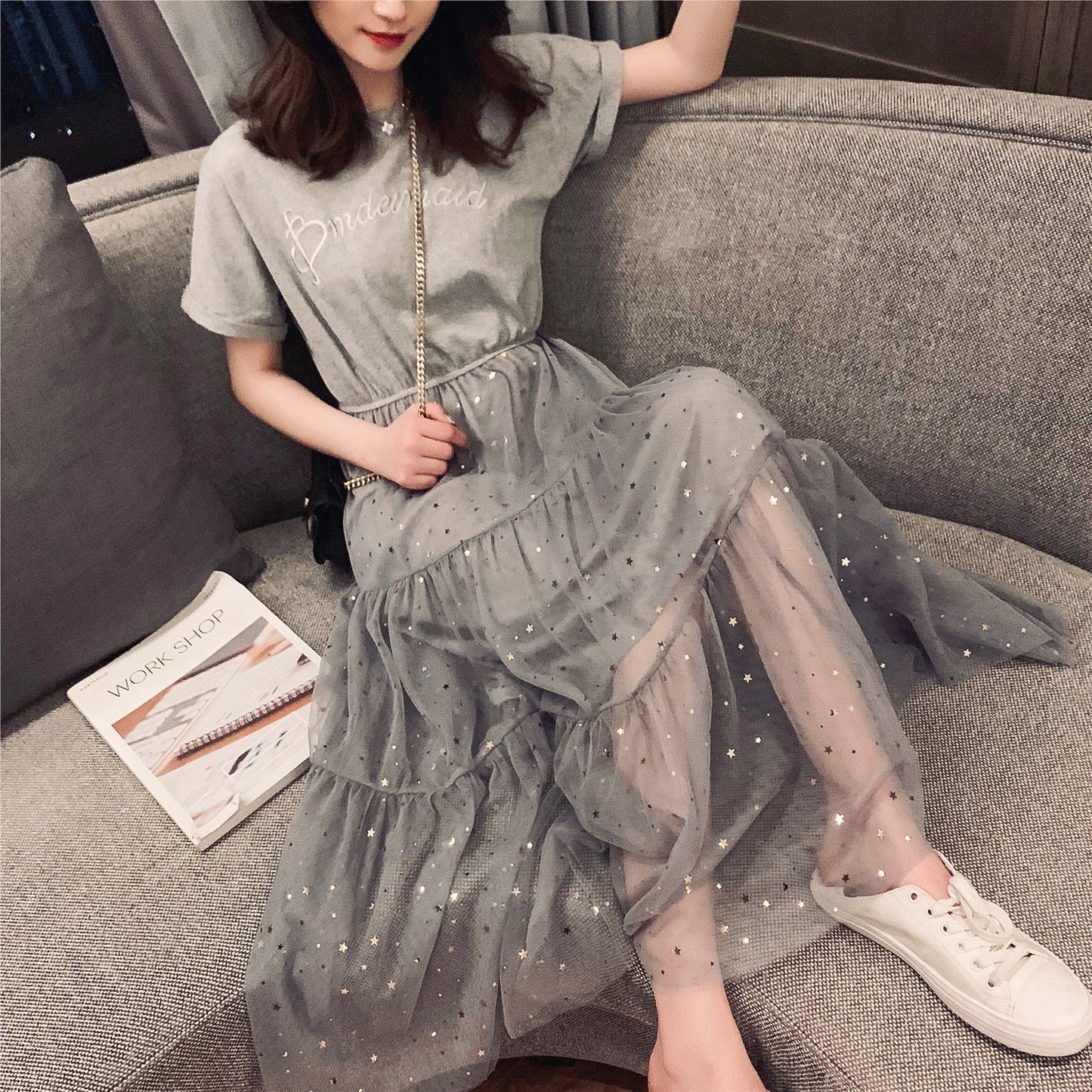 Damen Kleid Lang Tüll Gummizug