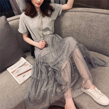 Damen Kleid Lang Tüll Gummizug