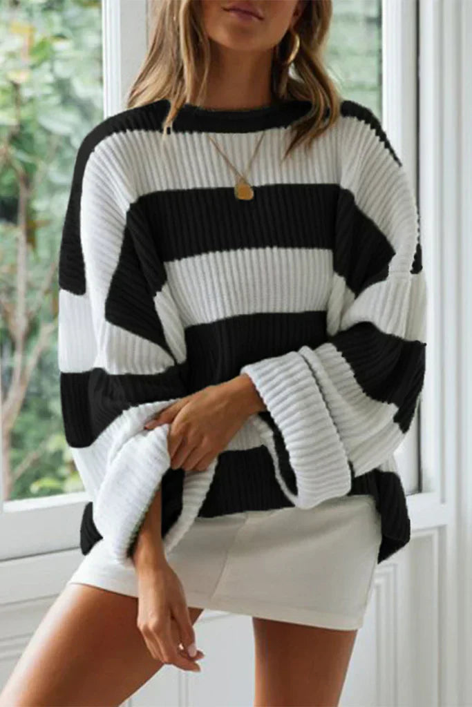 Damen Grobstrickpullover Gestreift Locker Passform
