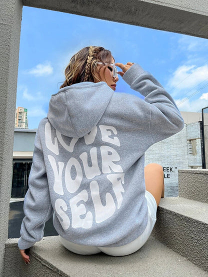 Damen Oversized Hoodie Kapuzenpullover Love Yourself Druck