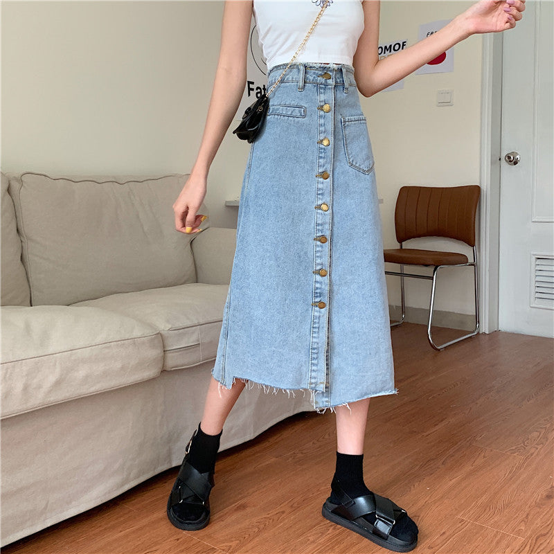 Damen Denimrock Lang Knopfleiste Fransen Blau - Norvielle