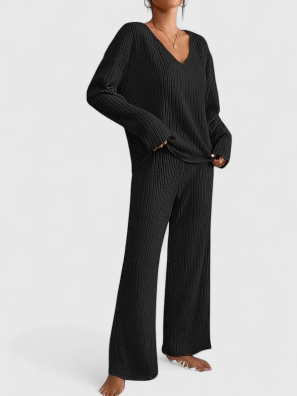 Damen Lounge-Set Rippstrick Weite Hose Beige