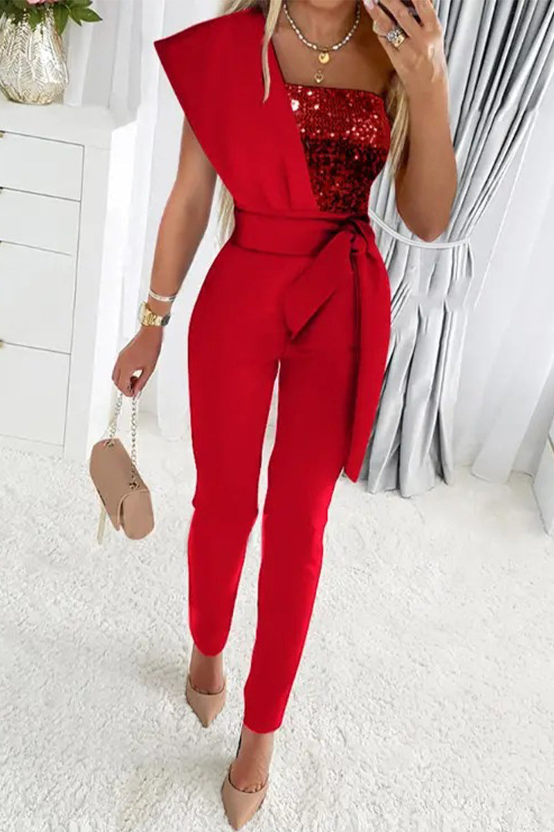 Damen Jumpsuit Glitzer Effekt Ein Schulter
