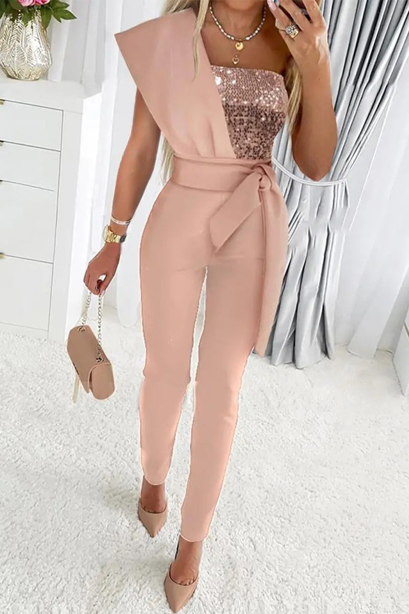 Damen Jumpsuit Glitzer Effekt Ein Schulter
