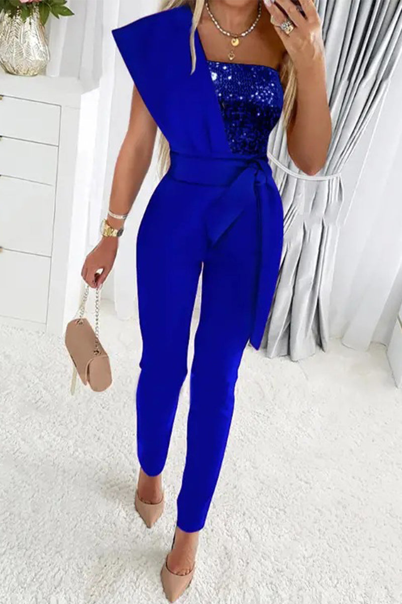 Damen Jumpsuit Glitzer Effekt Ein Schulter