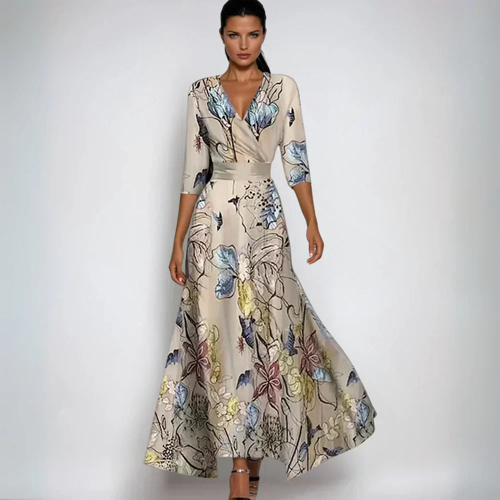 Damen Wickelmaxikleid Blumenmuster V-Ausschnitt