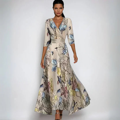 Damen Wickelmaxikleid Blumenmuster V-Ausschnitt