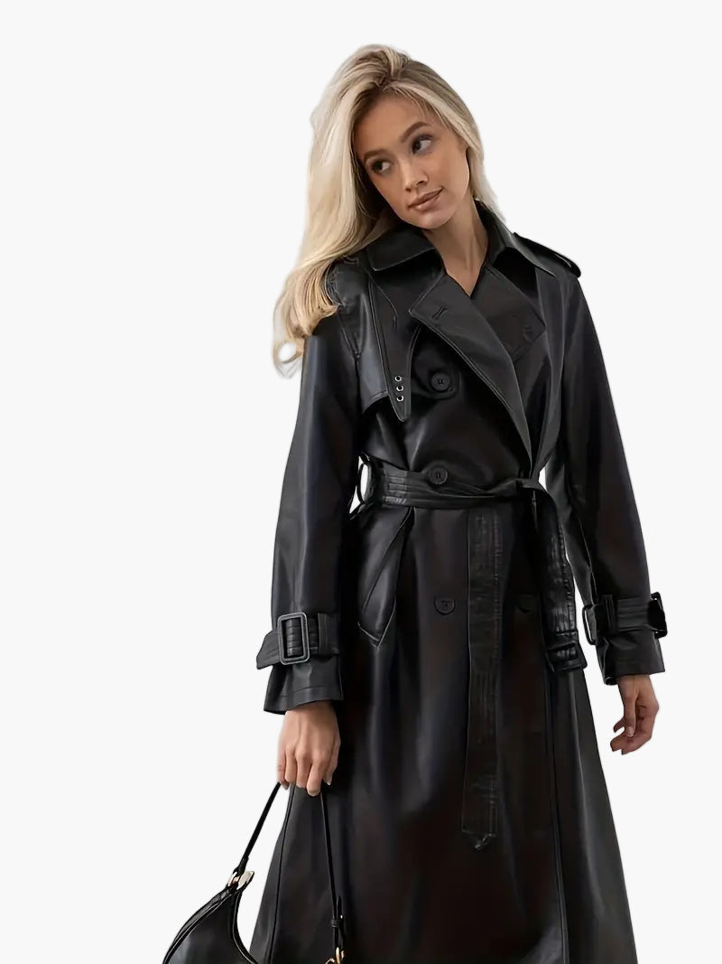 Damen Trenchcoat Langer Gürtetragender Kunstleder - Norvielle