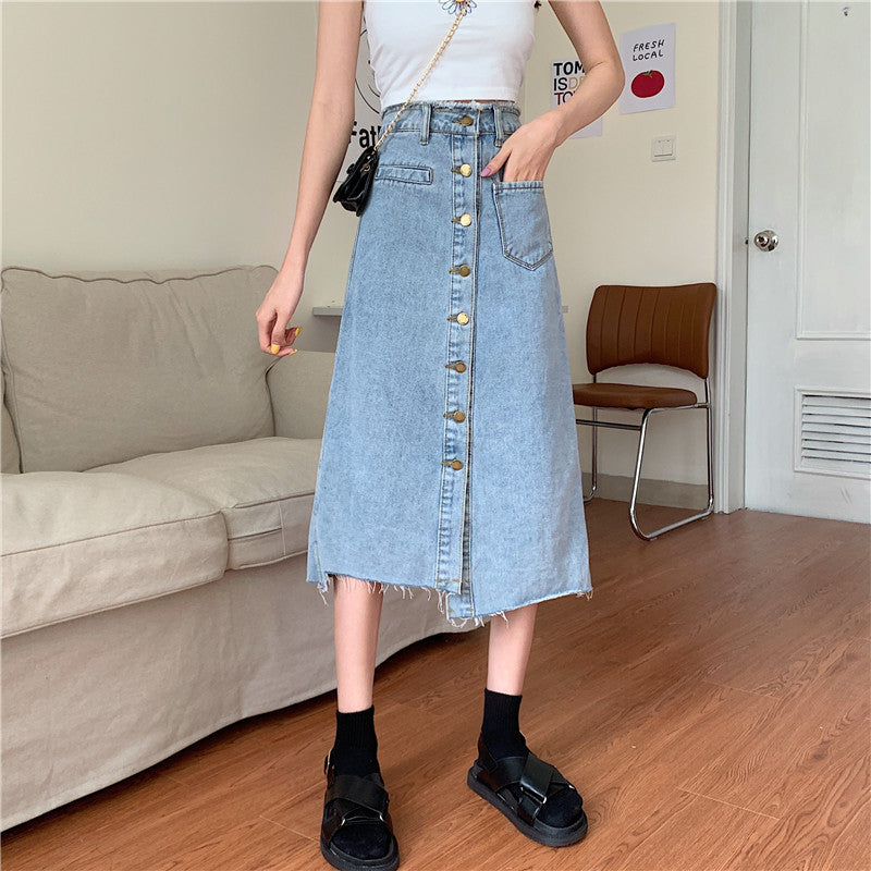 Damen Denimrock Lang Knopfleiste Fransen